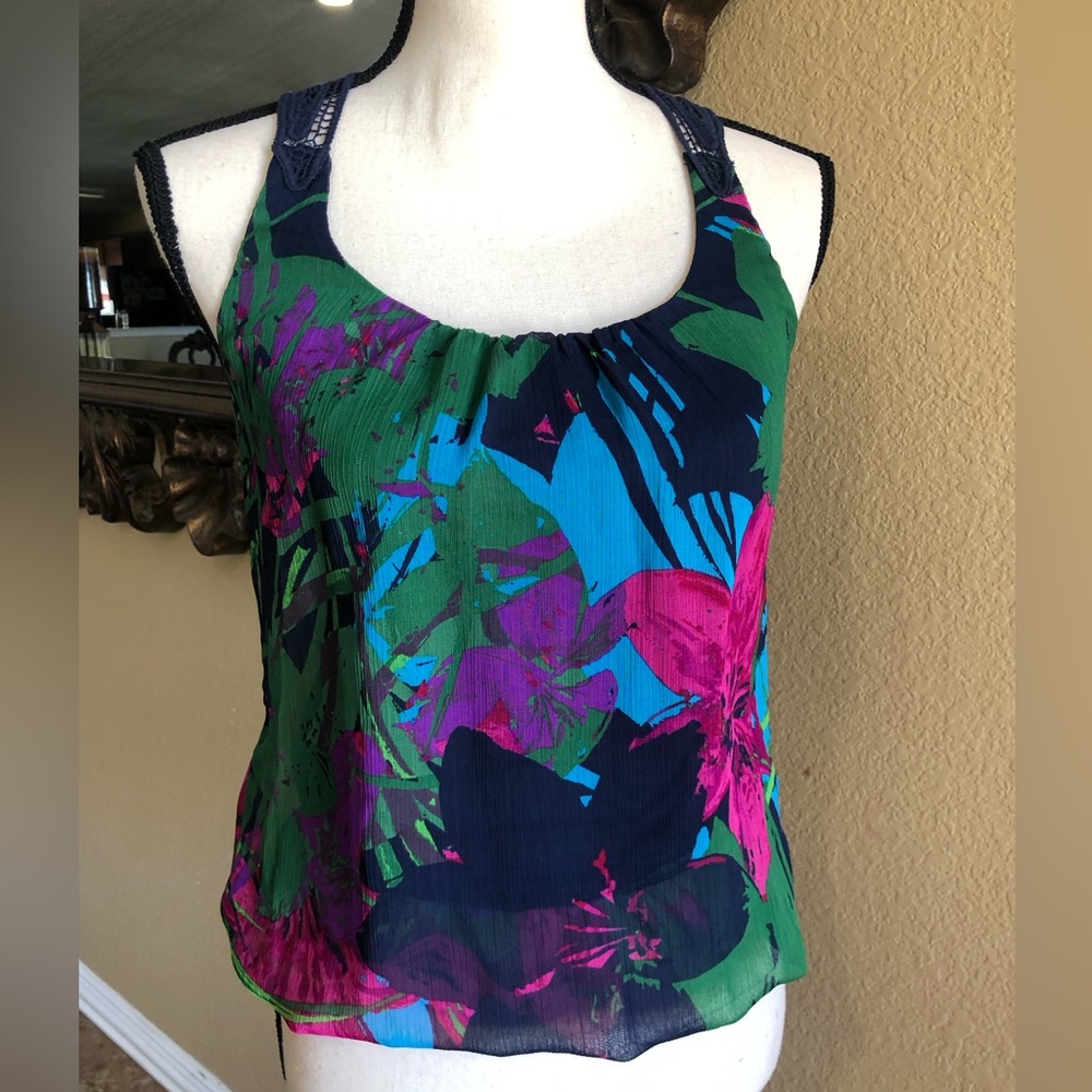 Express Floral Crochet Lace Racerback Tank Top Green Purple Blue XS